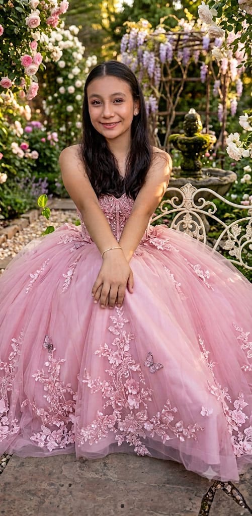 María José en sus XV años, con vestido rosa